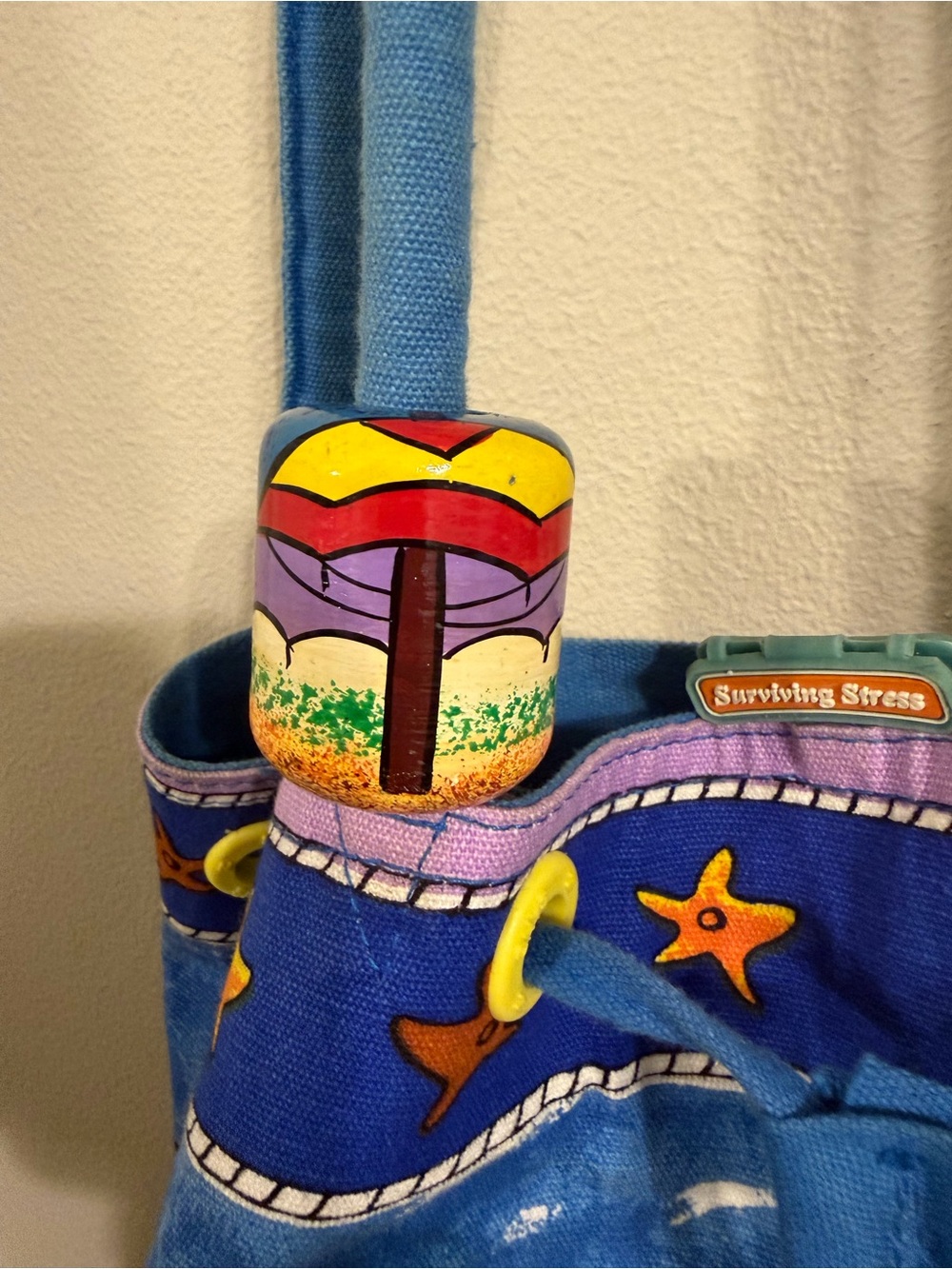 Anne Ormsby Sun N Sand Beach Scene Canvas Drawstring Tote Novelty Bag - Picture 6 of 12